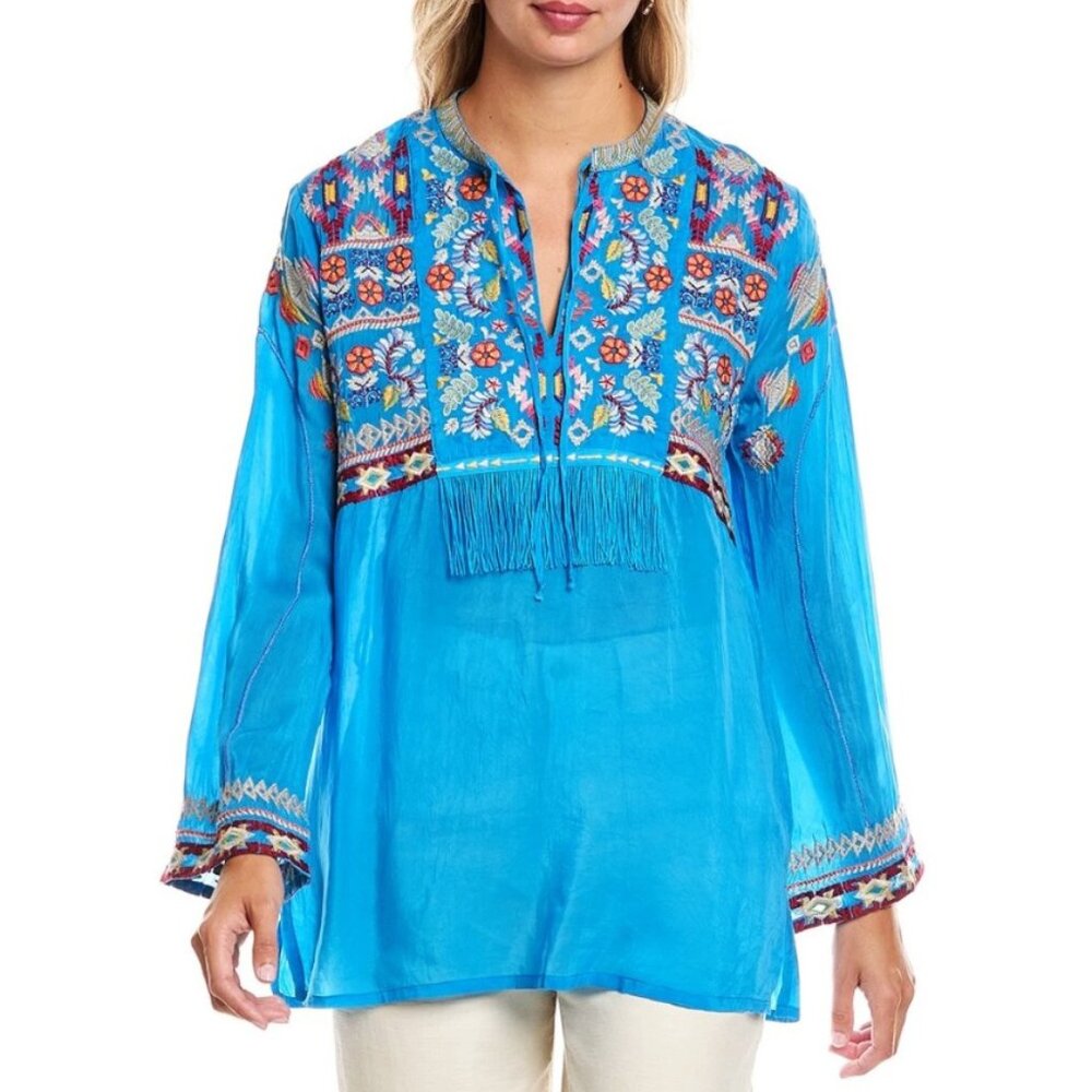 Johnny Was Multicolor Floral Embroidered Tunic Size-M Malibu Blue